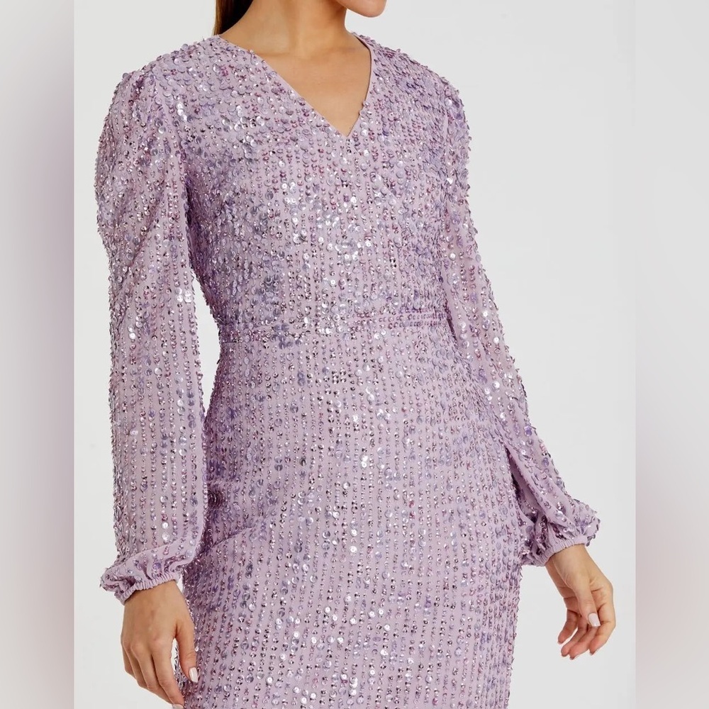Mac Duggal Purple Sequined Illusion Puff Sleeve V Neck Midi Dress Size 12 NWT - Picture 2 of 10